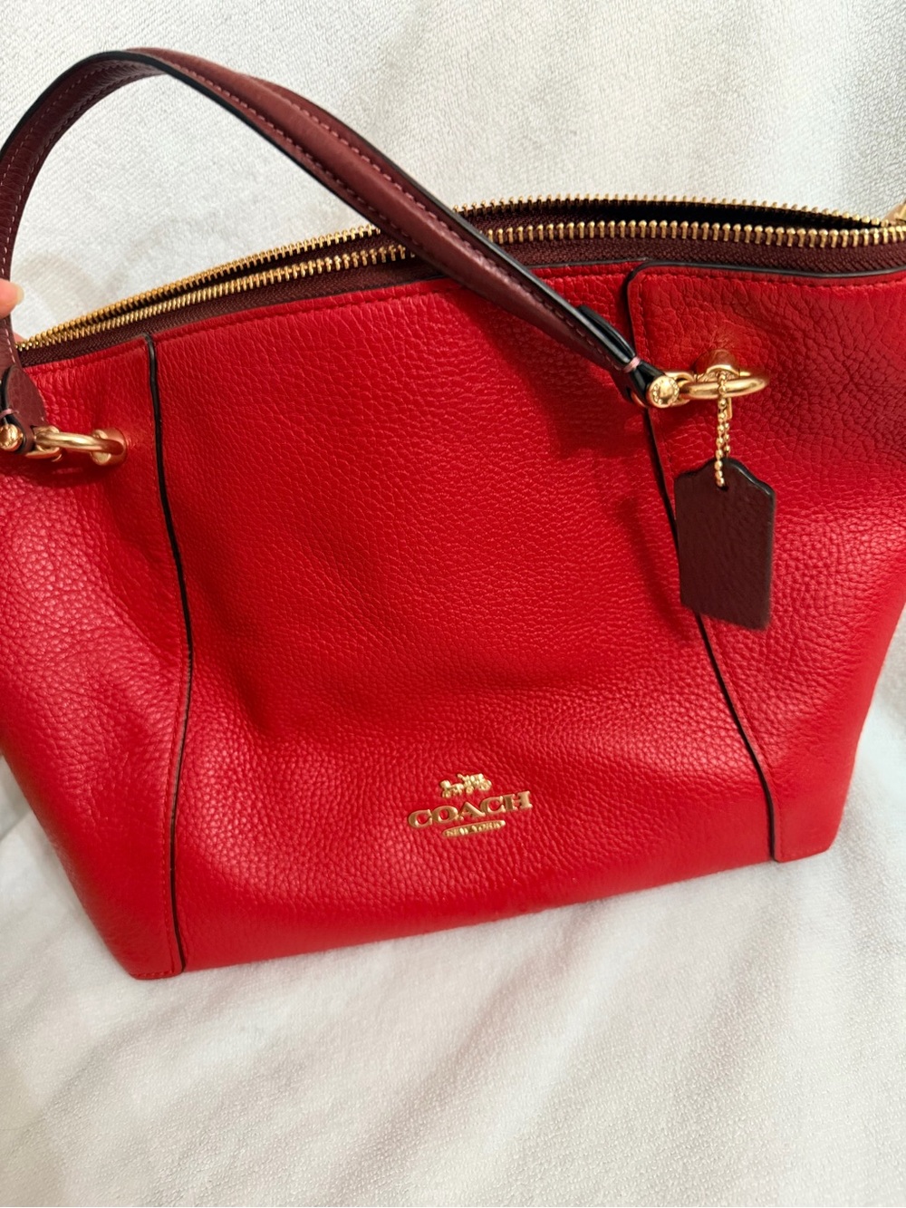Coach Red Pebbled Leather Crossbody Satchel with Gold Hardware